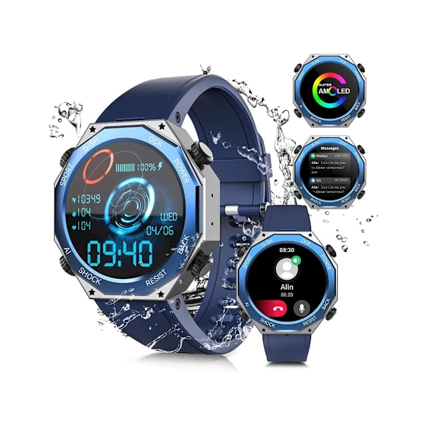 Smartklocka för män Svara/Ring samtal 1 45 AMOLED Taktisk Utomhus 100M Vattentät Fitness Tracker Klockor