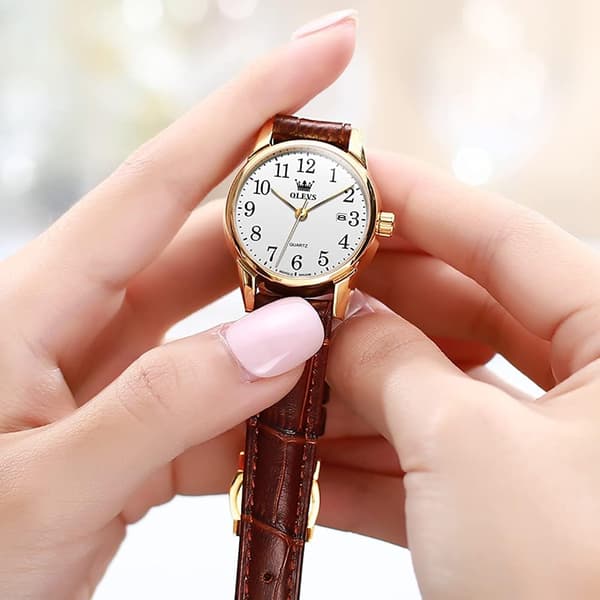 Elegant Brun Läder Medium Urtavla Vattentät Quartz Damklocka (Vit)