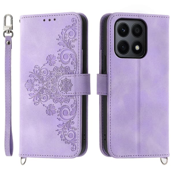 Honor X8b 4G Wallet Case med stropper og blomstermønstret læder