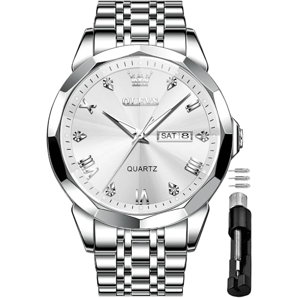 Herrklockor Business Dress Diamant Analog Quartz Datum Lyx Armbandsur Casual Rostfritt Stål Vattentät Självlysande Tvåfärgad Klocka för Män