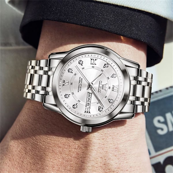 Klocka för män Klassisk affärsdräkt Analog kvarts rostfritt stål vattentät lysande datum diamant herrklocka silverfärg