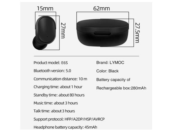 TWS Bluetooth-hörlurar med brusreducering, svarta
