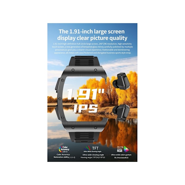 Smartklocka med Hörlurar 2 i 1 Militär Bluetooth Smart Klocka 1.91 Tum IPS HD Skärm för Män Militär Fitness Tracker