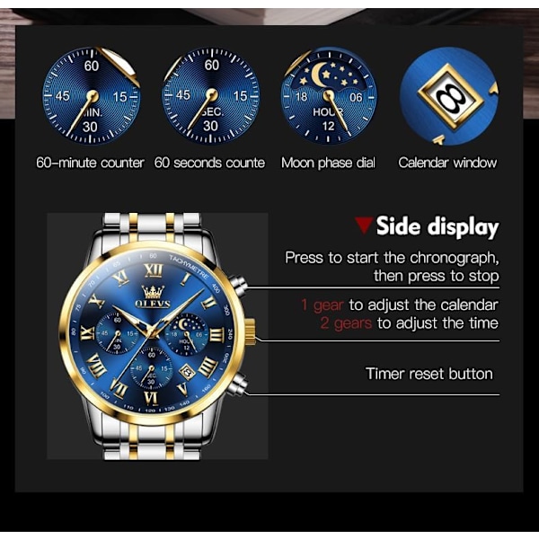 Herrklocka Analog Kvarts Rostfritt Stål Vattentät Luminous Datum Tvåfärgad Lyxig Casual Chronograph Klocka…