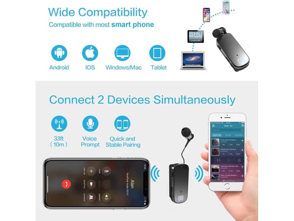 Clip-on Stereo Bluetooth Hörlurar med Brusreducering Svart
