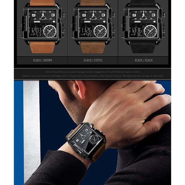 Herrklockor Multi-Time Zone Sport Fyrkantig Klocka Dubbel Display Stor Urtavla Luminous Stoppur Alarm Quartz Vattentät Herrarmbandsur