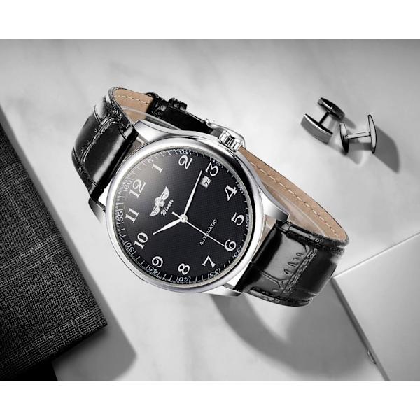 Klassisk Automatisk Mekanisk Herrklocka Business Herrklocka Mjukt Läderband Arabiska Siffror Dag Kalender Vattentät Armbandsur för Män