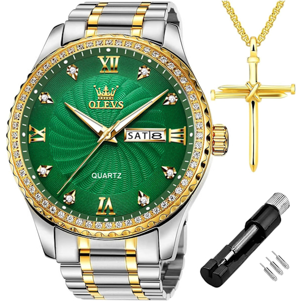 Herrklocka Kvarts Luminous Stor Urtavla Vattentät Diamant Rostfritt Stål Armbandsur (Guld Silver)