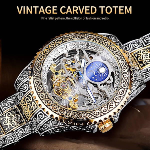 Retro Klocka Utskuren Självuppdragande Mekanisk Tatuering Tourbillon Månfas Oberoende Sekunder Skelett Automatisk Stor Urtavla Armbandsur