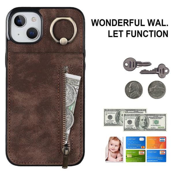 För iPhone 15 Plus Baksida RFID-blockerande Telefonfodral Plånbok Retro PU+TPU Ställfodral