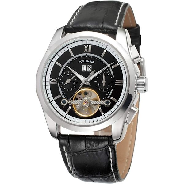 Herr Tourbillon Stil Svart Läderrem Datum Automatisk Mekanisk Kalenderklocka