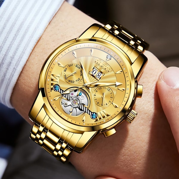 Automatisk herrklocka självuppdragande skelett mekanisk tourbillon klassisk lyx multi-kalender rostfritt stål vattentät armbandsur för män
