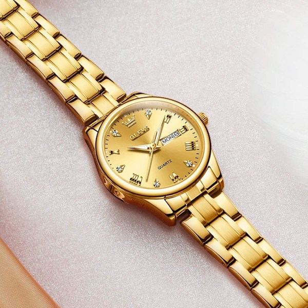 Damklocka Guld diamant klassisk elegant armbandsur rostfritt stål vattentät dag datum