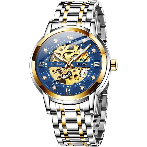 Guld Skelett Herr Automatiska Mekaniska Klockor, Självuppdragande Lyxig Klänning Glänsande Diamant Rostfritt Stål Vattentäta Lysande Armbandsur