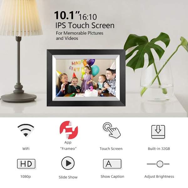 VEANXIN 10,1-tums digital fotoram, 1280x800 IPS LCD-pekskärm, inbyggt 32 GB minne, svart trä