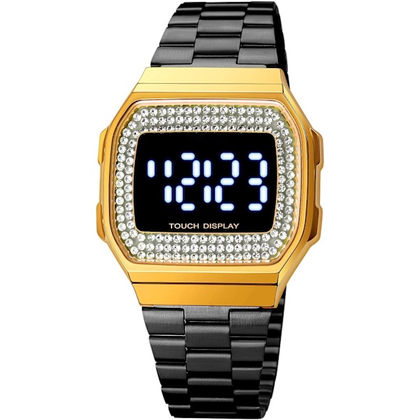 Digital klocka med pekskärm för män och kvinnor, eleganta klockor i rostfritt stål för kvinnor, 30M vattentät LED-armbandsur för utomhussporter med diamanter