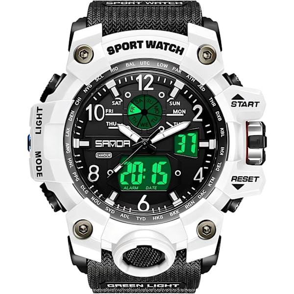 Stilren Digital Analog Klocka, Stor Urtavla 2.2\", 50m Vattentålig, Dubbla Tidszoner, Alarm, LED-Bakgrundsbelysning, Stoppur, PU-Armband