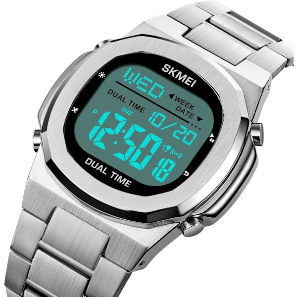 Dual Time LED Digital Klocka för Män Multifunktion Armbandsur Rostfritt Stål Business Vattentät Klocka Datum Alarm