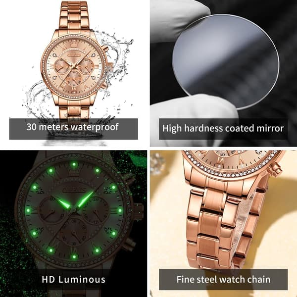 Dameure, rosaguld farve, mode diamant kronograf, vandtæt lysende quartz rustfrit stål dameure Reloj para Mujer