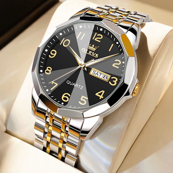 Klocka för män Lyxig Kostym Analog Kvarts Rostfritt Stål Vattentät Självlysande Datum Diamant Business Tvåfärgad Casual Armbandsur