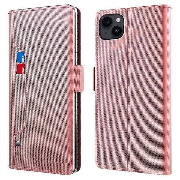 Läderfodral med inbyggd spegel för iPhone 15 Plus, Skal med kortfack, Ställ, Flip-telefonskal