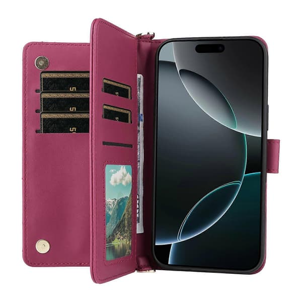Plånboksfodral för iPhone 16 Pro med axelrem, läderfodral