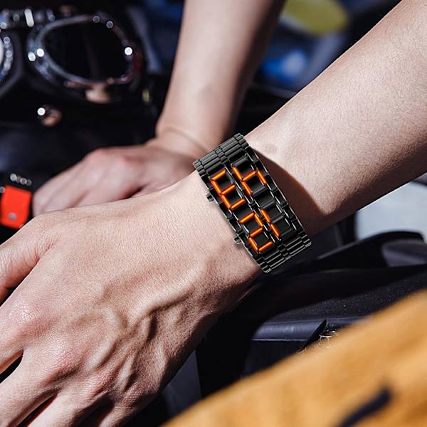 Lava-stil klocka i rostfritt stål för män, rödblå LED digital klocka, svart armbandsklocka