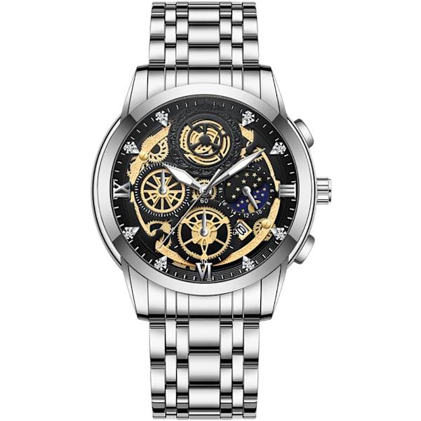 Herr Hollow Klockor Diamant Månstjärnor Kalender Självlysande Rostfritt Stål Armband Quartz Vattentät Business Herr Armbandsur