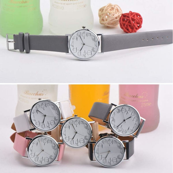 Ny Design Lat Katt Tecknad Tryckt Läderband Analog Legering Kvarts Armbandsur