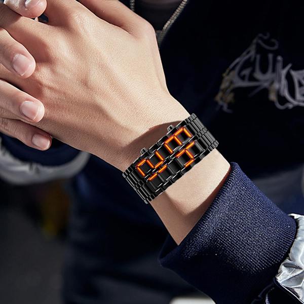 Lava-stil klocka i rostfritt stål för män, rödblå LED digital klocka, svart armbandsklocka