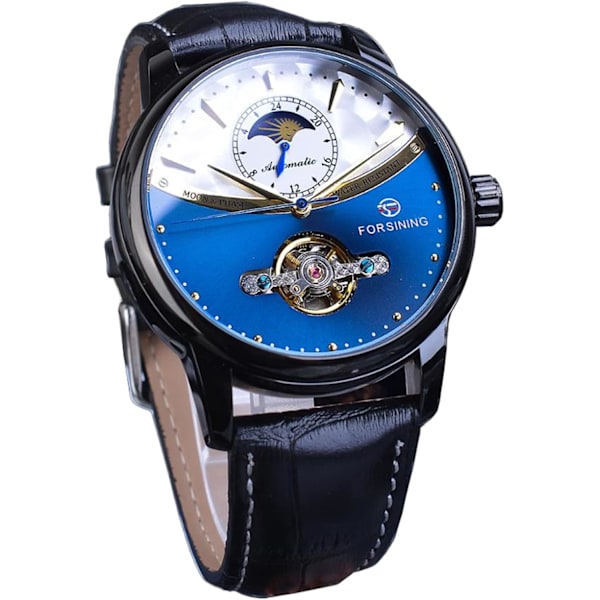 Herrklocka Mekanisk Månfas Tourbillon Rostfritt Stål Vattentät Självuppdragande Retro Klockor, Automatisk Armbandsur med Läderrem