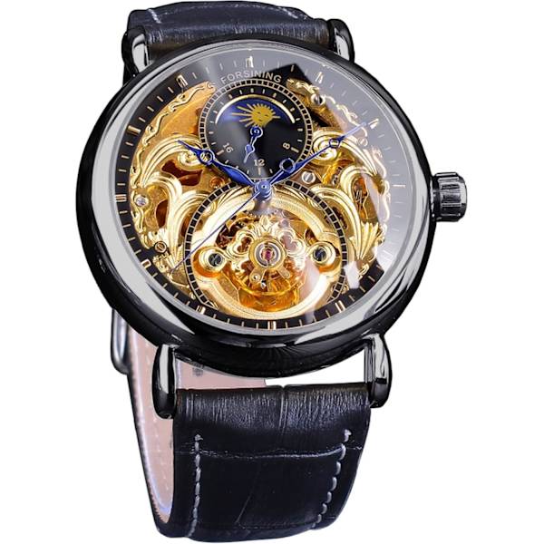 Lyxig herrklocka med månfas & Tourbillon, Retro Skelett Hollow Självuppdragande Mekanisk Armbandsur, Läderrem Automatisk Rörelse Herrklockor