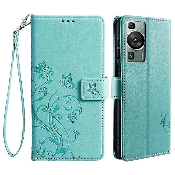 Fodral för Huawei P60/ P60 Pro Fjäril Blomma PU Läder Ställ Handrem Plånbok Väska Telefonskal