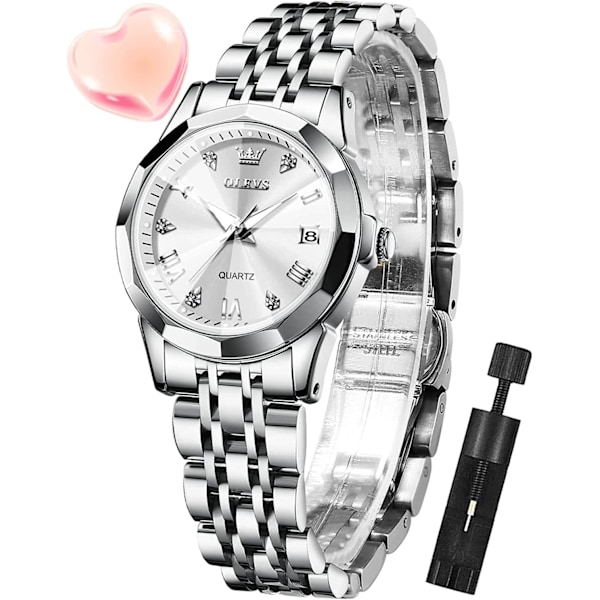 Silver damklocka Analog kvarts diamant mode elegant klänning damklocka rostfritt stål tvåfärgad daglig armbandsur vattentät självlysande