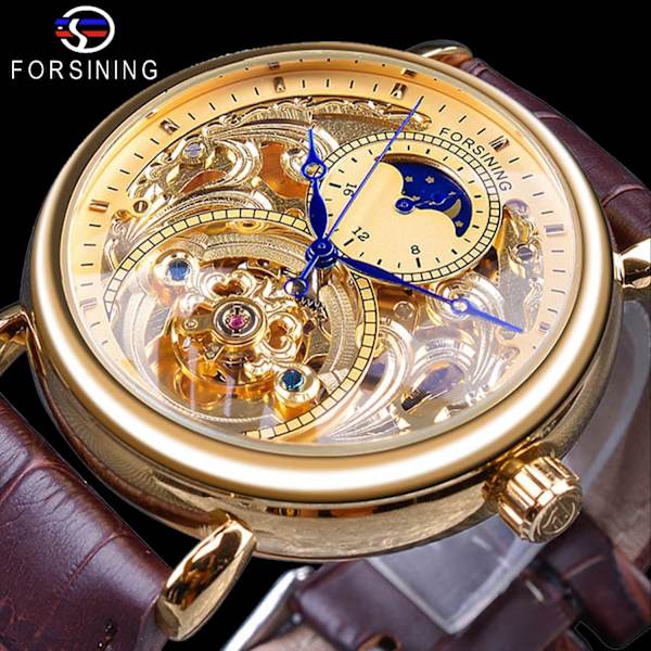 Lyxig herrklocka med månfas & Tourbillon, Retro Skelett Hollow Självuppdragande Mekanisk Armbandsur, Läderrem Automatisk Rörelse Herrklockor