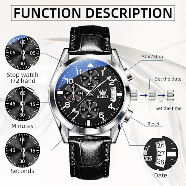 Herr Chronograph Kvarts Lysande Visare Rostfritt Stål Vattentät Klocka (Svart)