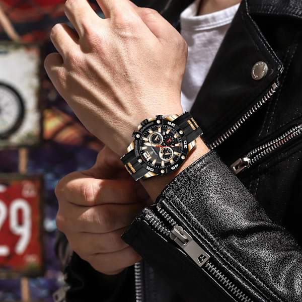 Kronograf Herrklockor Sport Quartz Klocka Lysande Datum Armbandsur för Män Silikonarmband 30M Vattentät