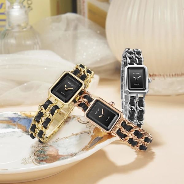 Elegant Damklocka Kedjeflätat Band Fyrkantigt Armbandsur för Kvinnor Retro Minimalistisk Analog Quartz Vattentät Damklocka