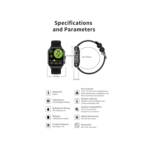Smartklocka I120 1,95 tum Bluetooth-samtal Hälsoövervakning 100 Sportlägen IP76 Vattentät Guld