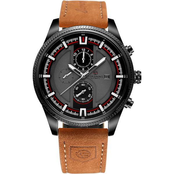 Automatisk Tourbillon Vattentät Kalender Herrklocka med Brunt Läderarmband