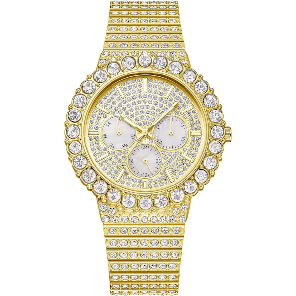 Hip Hop Herrklocka Bling Lyxig Stil Full Diamant Rostfritt Stål Datum Vecka Quartz Analog Display Vattentät Herrarmbandsur