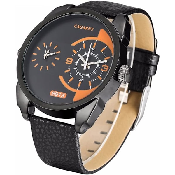 Minimalistisk herrklocka analog dubbel tid med läderarmband herrklocka
