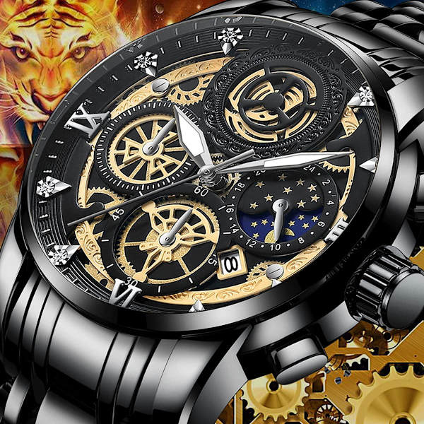 Herr Hollow Klockor Diamant Månstjärnor Kalender Självlysande Rostfritt Stål Armband Quartz Vattentät Business Herr Armbandsur