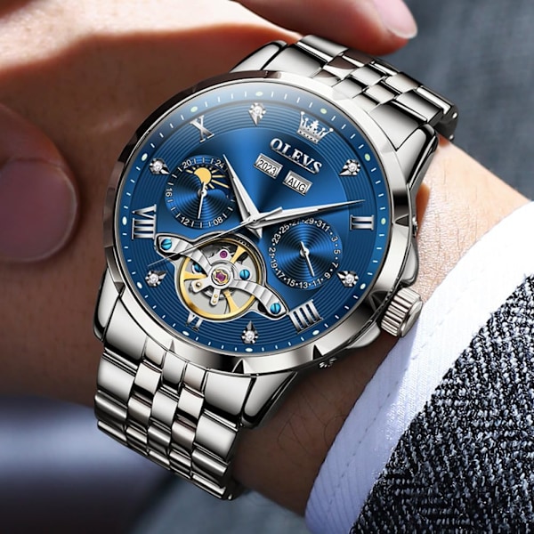Automatisk herrklocka skelett mekanisk klassisk lyxig affärs diamant rostfritt stål vattentät lysande datum kalender armbandsur för män