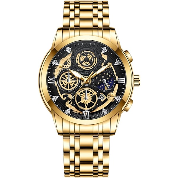 Herr Hollow Klockor Diamant Månstjärnor Kalender Självlysande Rostfritt Stål Armband Quartz Vattentät Business Herr Armbandsur