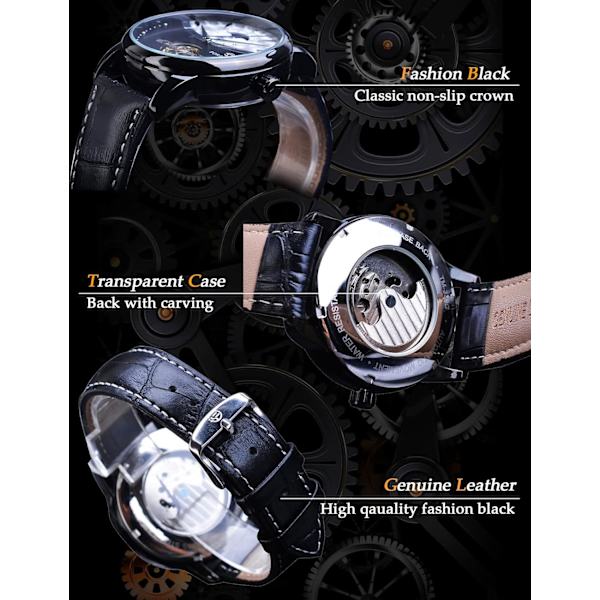Herrklocka Mekanisk Månfas Tourbillon Rostfritt Stål Vattentät Självuppdragande Retro Klockor, Automatisk Armbandsur med Läderrem