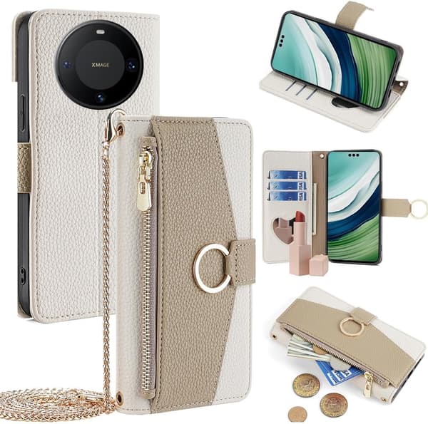 Wallet Case - Huawei Mate 60 Pro+ - PU-lær - Skulderstropp - Støtsikker White