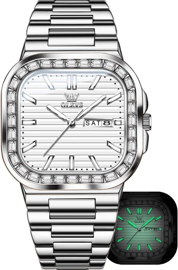 Herre Simpel Diamant Quartz Rektangulær Vandtæt Lysende Ur i Rustfrit Stål med Dato (Sølv Hvid)