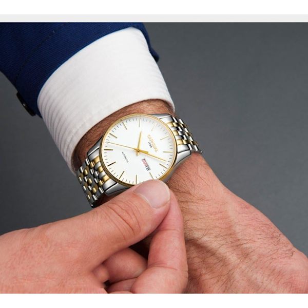 Automatiskt mekaniskt armbandsur för män i rostfritt stål, ultratunt, enkelt datumvisning