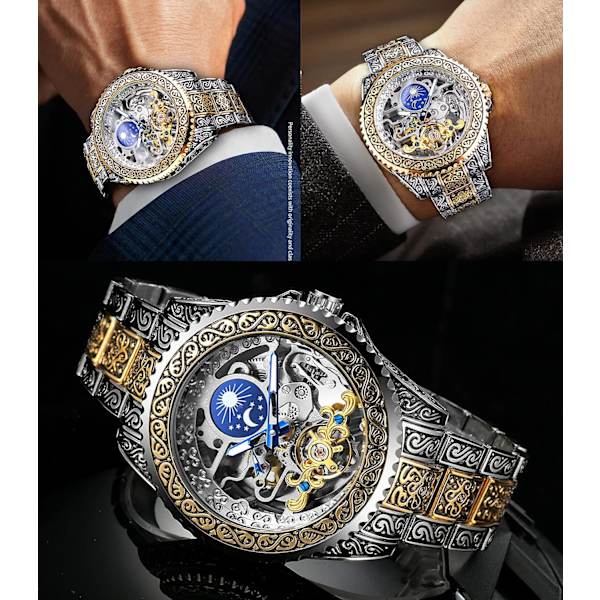 Retro Klocka Utskuren Självuppdragande Mekanisk Tatuering Tourbillon Månfas Oberoende Sekunder Skelett Automatisk Stor Urtavla Armbandsur